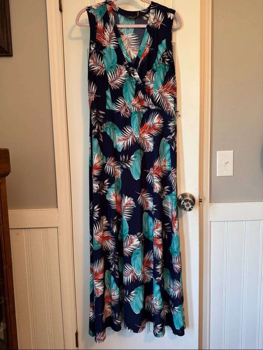 Mlle Gabrielle Navy Maxi Dress with Teal and Coral Leaf Print